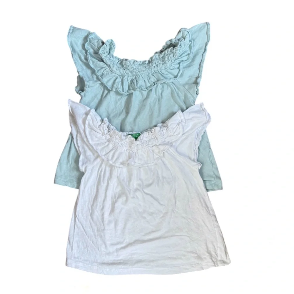 United Colors Of Benetton | Set of Two Kids Ruffled Tees Blue White, Large 9-10Y